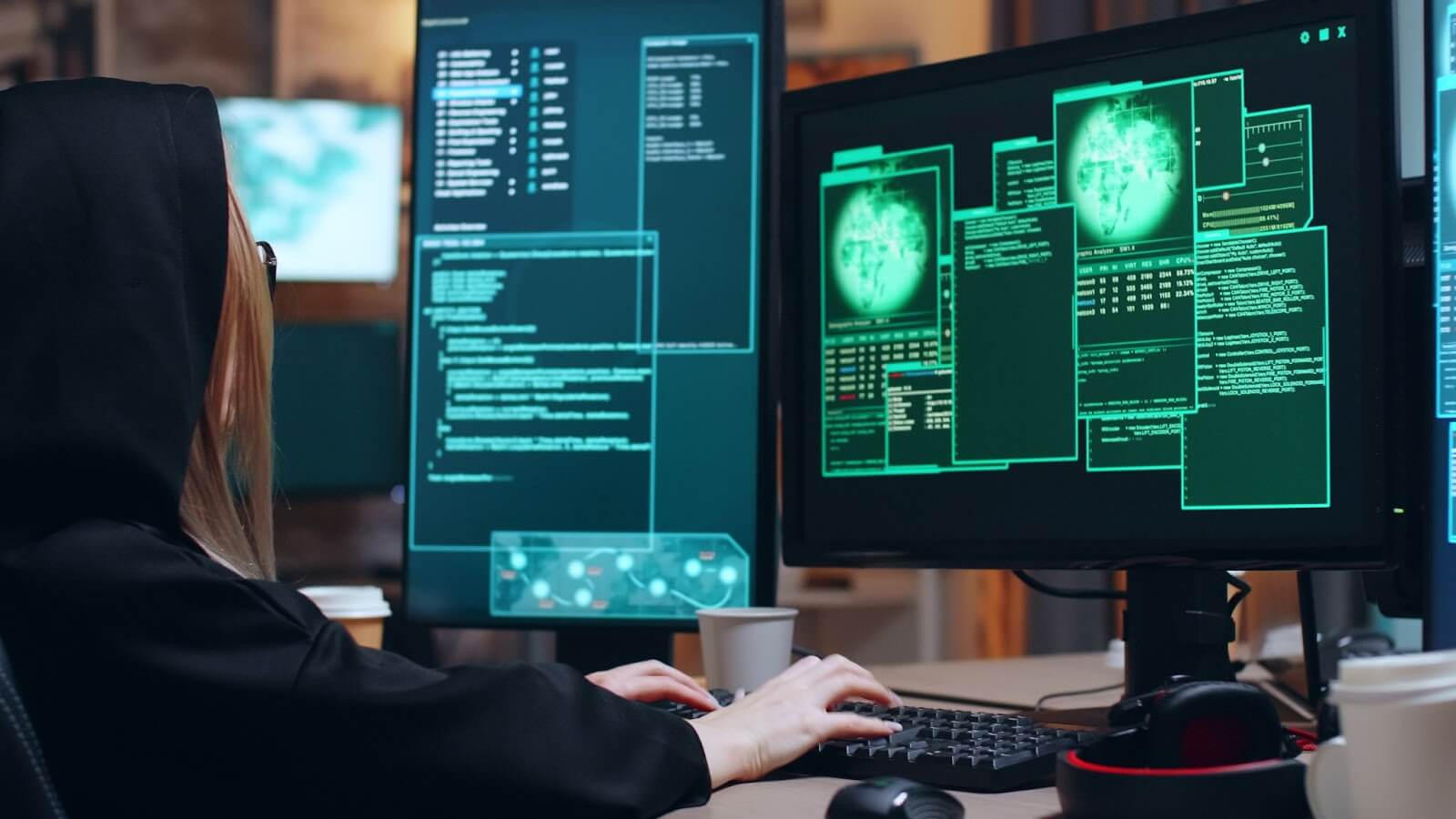 image-7 | CyberArrow A female hacker sitting infront of desktop finding vulnerabilities in a system
